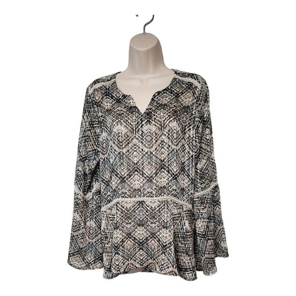 Sunny Leigh Tunic Blouse Metallic Thread Bell Sleeve Lace Accent Size Large - Picture 1 of 11